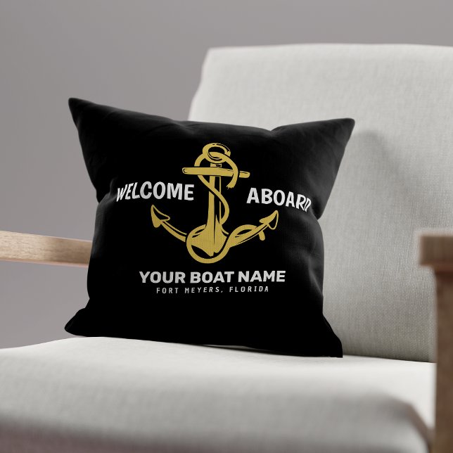 Välkommen ombord nautisk svart & guld båtnamn kudde (Skapare uppladdad)