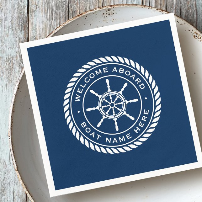 Välkommen ombord på båtens namn nautiska frakts hj pappersservett (Welcome aboard boat name nautical ship's wheel napkins)
