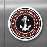 Välkommen ombord på ditt fartyg Namn Anchor Stars  Magnet<br><div class="desc">En svart,  vit och djup röd runda magnet med en anpassningsbar nautisk båtankare med stjärnor på och personligen "Välkommen Aboard" med texten "Welcome Aboard" och "Your Boat Namn eller annan önskad text. Anpassa dem med din favoritbakgrund färg och mycket mer. Gör en underbar gåva till tillfälle.</div>