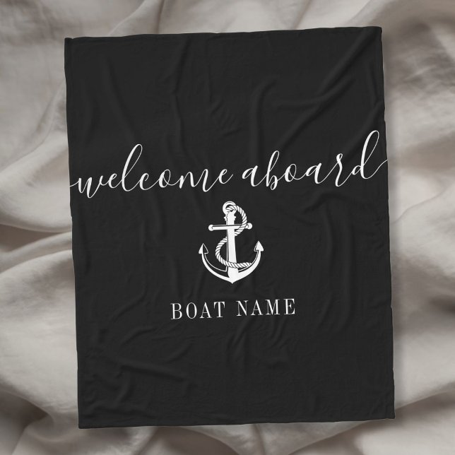Välkommen ombord svart och vit ankarbåtsnamn fleecefilt (Welcome Aboard Black And White Anchor Boat Name Fleece Blanket)