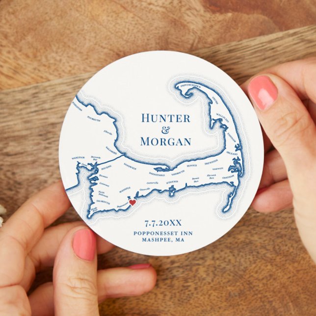 Välkommen Party Cocktail-timme för Cape Cod Bröllo Underlägg Papper Rund (Round Drink Coaster Cape Cod Map Wedding favor  in elegant navy blue from Coastal Map Designs)