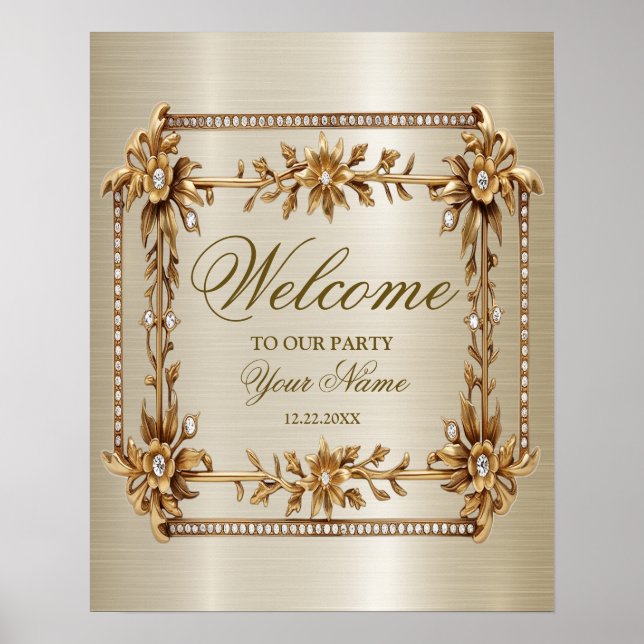 Välkommen Party Golden Ornate Rectangle Dimond Poster (Framsidan)