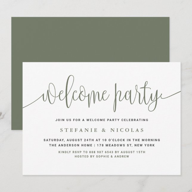 Välkommen Party i Taupe Grönt Söt Calligraphy Välk Inbjudningar (Fram/baksida)