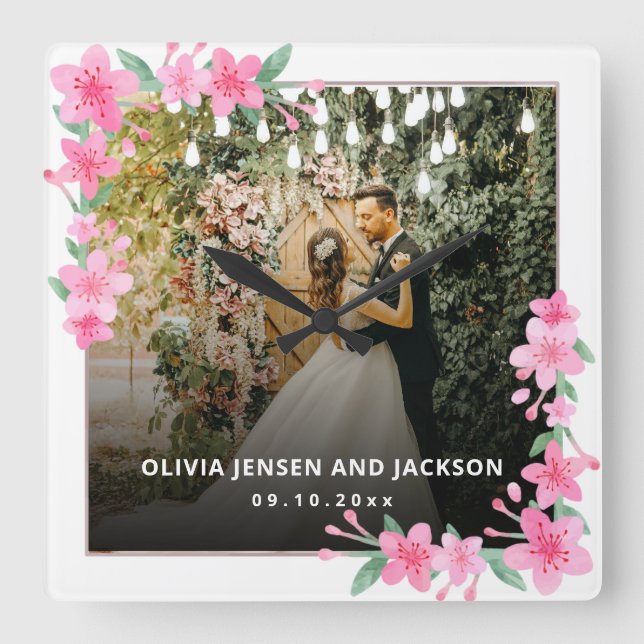 Välkommen Party Rosa Blommigt Golden Ram bröllop Fyrkantig Klocka (Framsida)