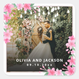 Välkommen Party Rosa Blommigt Golden Ram bröllop Fyrkantigt Klistermärke