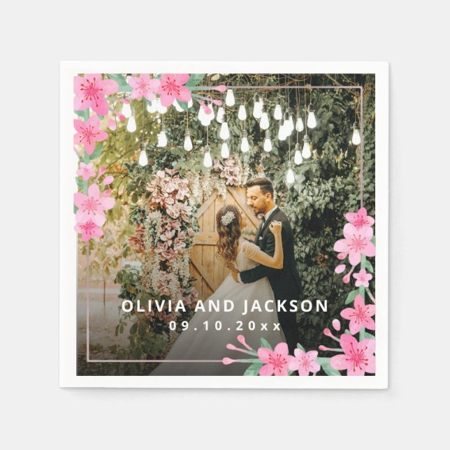 Välkommen Party Rosa Blommigt Golden Ram bröllop Pappersservett (Framsidan)