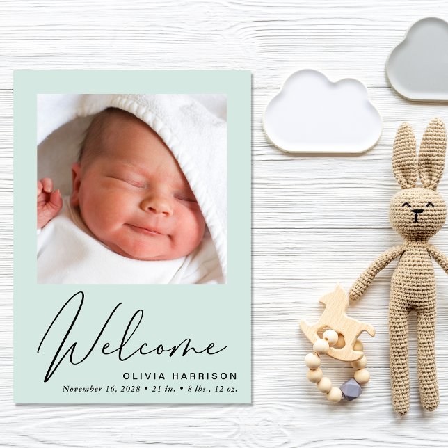 Välkommen Photo Collage Mint Grönt Birth Meddelande (A heartfelt and personalized way to introduce your bundle of joy to the world)