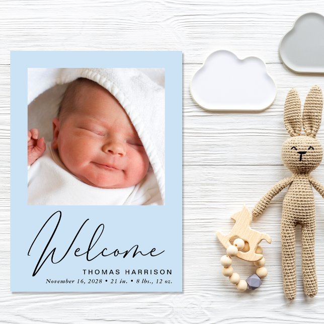 Välkommen Photo Collage Pojke Blue Birth Meddelande (A heartfelt and personalized way to introduce your baby boy to the world)