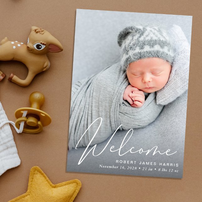 Välkommen Photo Collage White Script Birth Meddelande (A beautiful and unique way to thank family and friends and introduce them to your precious  baby)