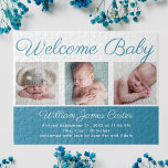 Välkommen Pojke Blue Cute Newborn Photo Gift Pussel<br><div class="desc">Välkommen baby. Ett klassiskt foto-födelseproppspussel i pojke i cerulablått med vacker kursiv typografi över din söta nyfödda fotokollage.</div>