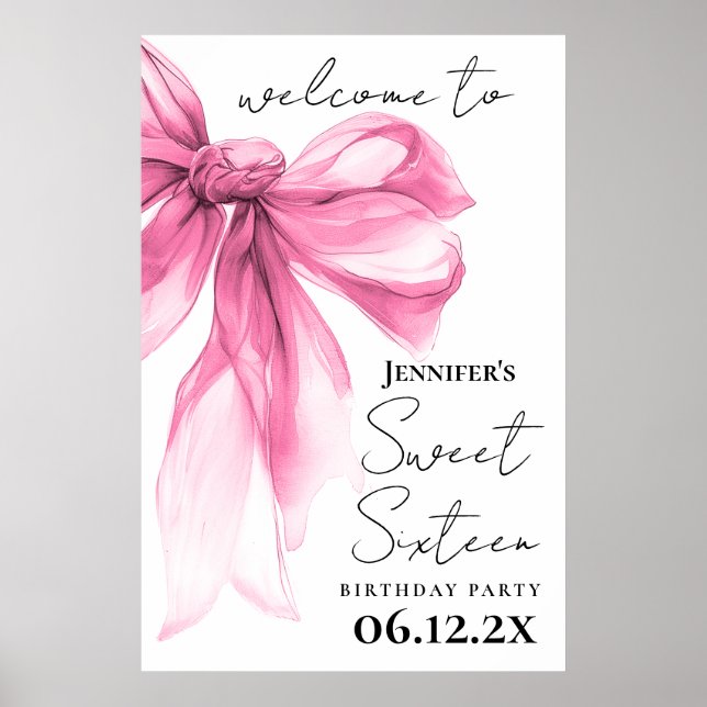 Välkommen Rosa Bow Coquette Script Sweet 16-fest Poster (Framsidan)