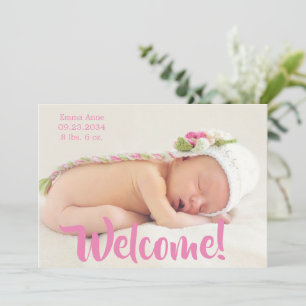 Välkommen Rosa Photo Script Personalize Girl Birth Meddelande