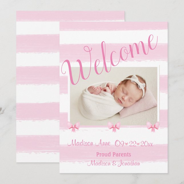 Välkommen Rosa Photo Script Personalize Girly Birt Meddelande (Fram/baksida)