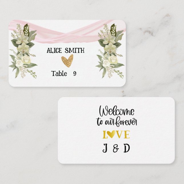 Välkommen Rosa Ribbon och Vit ros Placeringskort (Fram/baksida)