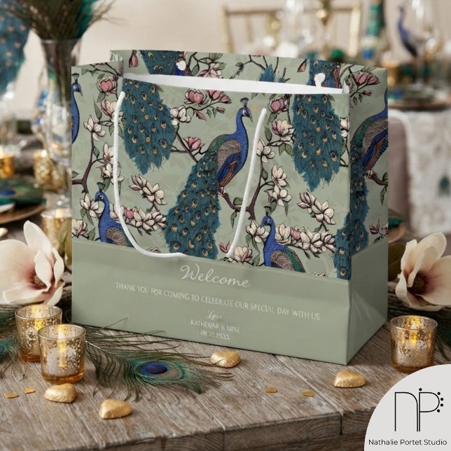 Välkommen Sage Grön Blommig Påfåglar (Hand-drawn peacock wedding welcome bag features blue and teal birds for elegant chic noir wedding)