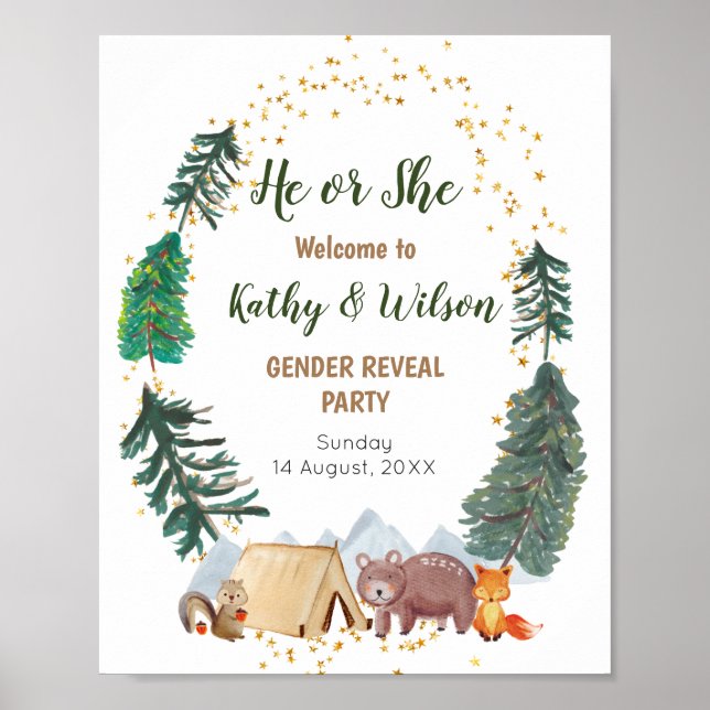 Välkommen Sign Woodland Animals Gender Reveal Poster (Framsidan)