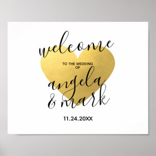 VÄLKOMMEN Signera Bröllop Guld Heart White Poster