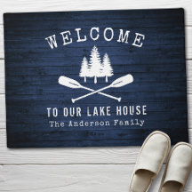 Välkommen Sjö House Boat Oars Träd Blue Wood Print