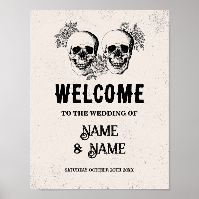 Välkommen Skull Rustic Halloween Sign Bröllop Ro Poster (Framsidan)