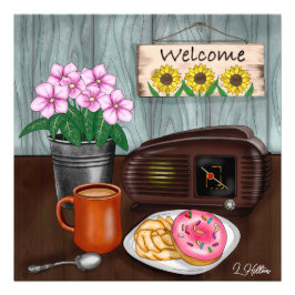 Välkommen, Solblommor, Donuts och kaffe Fototryck