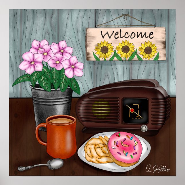 Välkommen, Solblommor, Donuts och kaffe Poster (Framsidan)