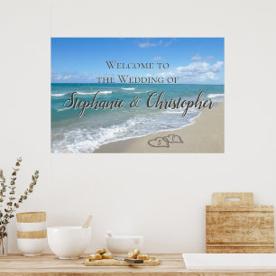 Välkommen strandbröllop hjärtan i sanden elegant poster