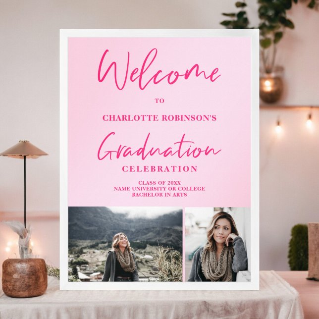 Välkommen studenten i Retro rosa-fotoskript Poster (Retro neon pink photo script welcome graduation foam board)