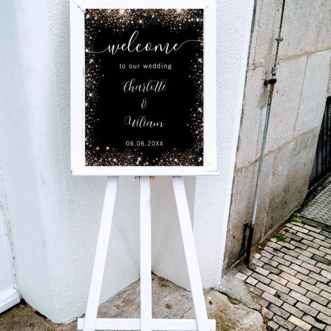 Välkommen svart guld glitter namn skrift bröllop poster (Skapare uppladdad)