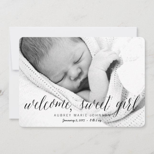 Välkommen Sweet Girl | Fotofödelsemeddelande Meddelande (Framsida)