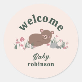 Välkommen Sweet Woodland Baby Bear Rosa Round Runt Klistermärke