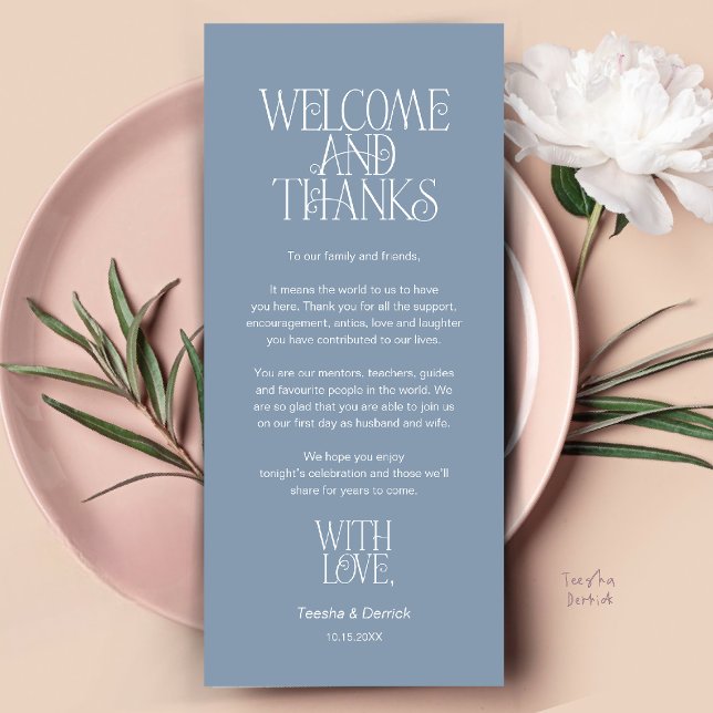 Välkommen & Tack, Bordskort Tackkort Program (Welcome & Thanks, Place Setting Thank You Card in Dusty Blue)