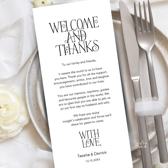 Välkommen & Tack, Bordskort Tacksamhetskort Program (Welcome & Thanks, Place Setting Thank You Card in Black and white)