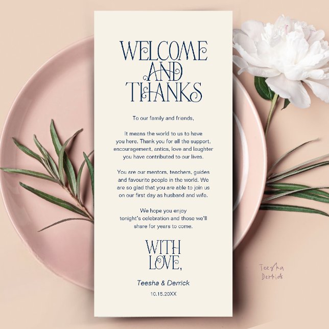 Välkommen & Tack, Bordskort Tacksamhetskort Program (Welcome & Thanks, Place Setting Thank You Card in Navy Blue and ivory)