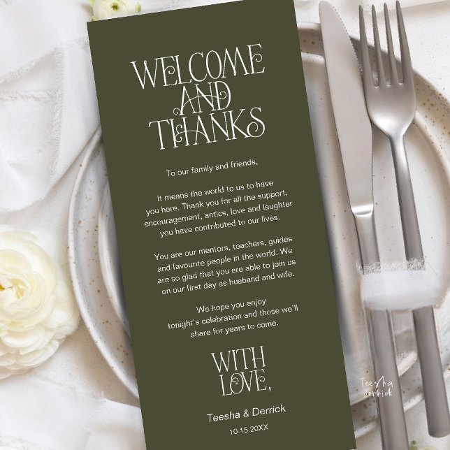 Välkommen & Tack, Bordskort Tacksamhetskort Program (Welcome & Thanks, Place Setting Thank You Card in Olive Green)