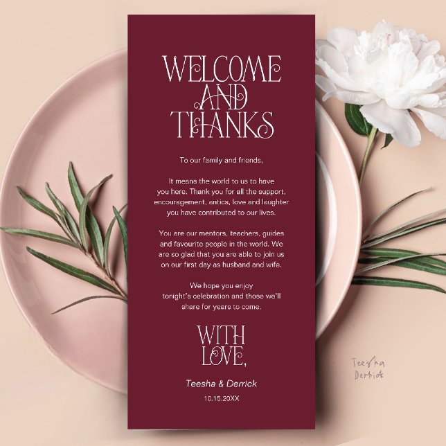 Välkommen & Tack, Bordskort Tacksamhetskort Program (Welcome & Thanks, Place Setting Thank You Card in Wine Red Burgundy)