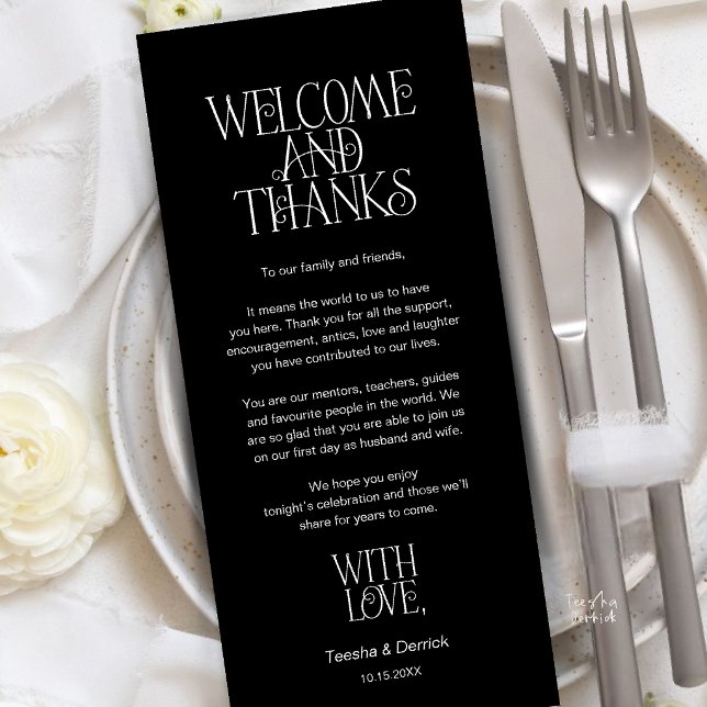 Välkommen & Tack, Bordskort Tacksamhetskort Program (Welcome & Thanks, Place Setting Thank You Card in Classy Black)