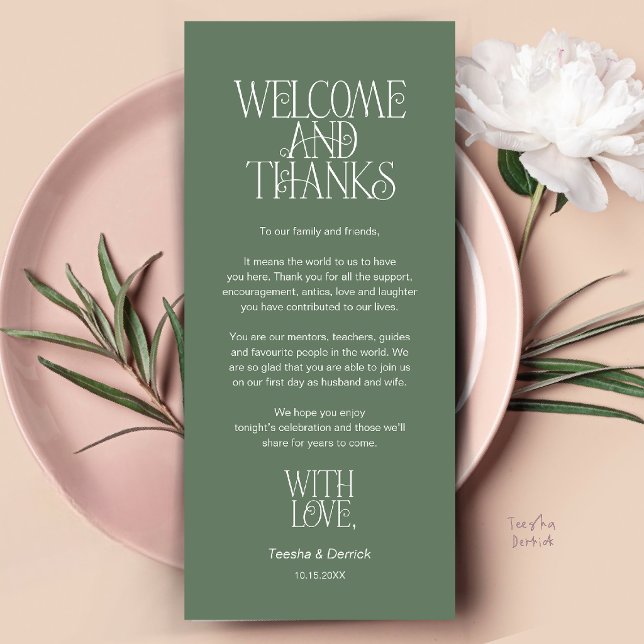 Välkommen & Tack, Bordskort Tacksamhetskort Program (Welcome & Thanks, Place Setting Thank You Card in Sage Green)