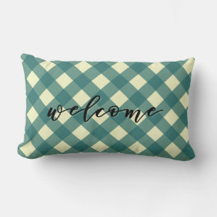 VÄLKOMMEN - TEAL GINGHAM LUMBARKUDDE