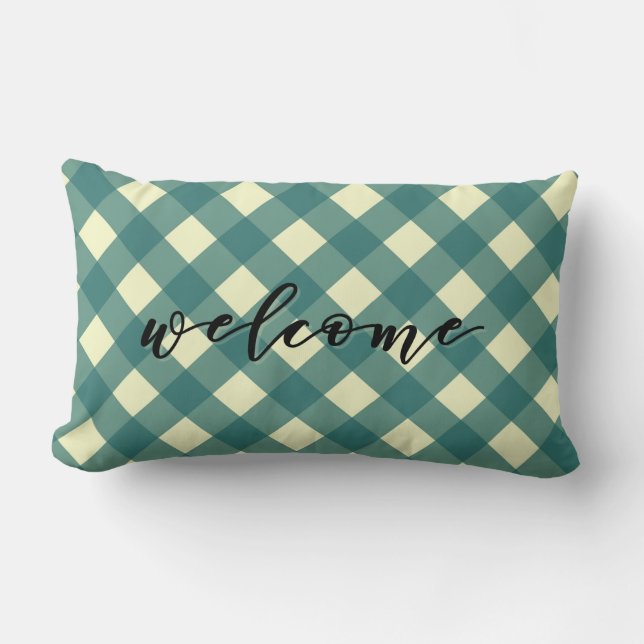 VÄLKOMMEN - TEAL GINGHAM LUMBARKUDDE (Framsida)