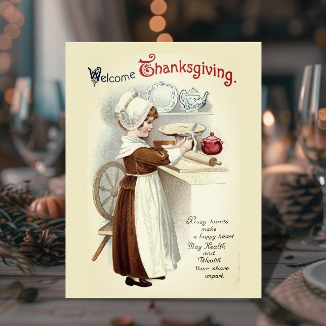 Välkommen Thanksgiving Vintage Pilgrim Girl Vykort (Welcome Thanksgiving Vintage Pilgrim Girl Postcard)
