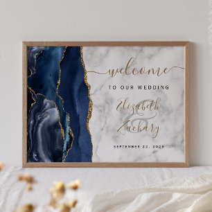 Välkommen till Agate Navy Blue Guld Marble Bröllop Poster