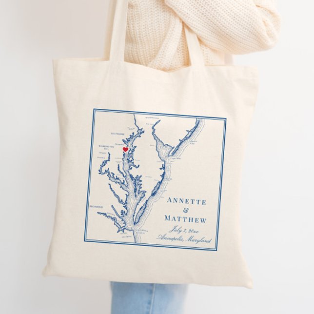 Välkommen till Annapolis Maryland Chesapeake Bay B Tygkasse (Custom Annapolis Maryland wedding tote bag with navy blue map of Chesapeake Bay)