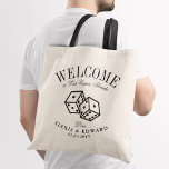 Välkommen till Anpassningsbarna Las Vegas Dice Rol Tygkasse<br><div class="desc">En unik uppsättning anpassningsbar tote bags skräddarsydd för ditt Vegas-stil-destinationsbröllop. Den innehåller en välkomsttext som följs av namn på platsen eller den person som tar emot påsen. Under den här är två rullsvarta tärningar. All inslag i den här designen är anpassade genom att använda anpassningsfunktionen. Njut av att skapa och...</div>