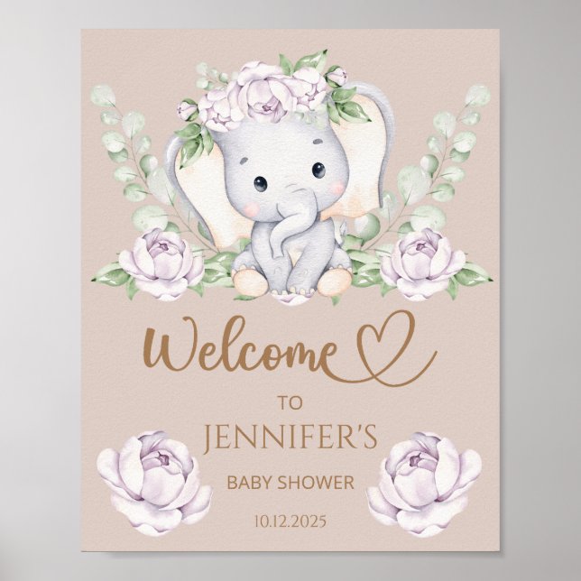 Välkommen till baby Elephant & Flower Baby Shower Poster (Framsidan)