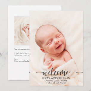Välkommen till Baby födelsemeddelandefotokort Meddelande