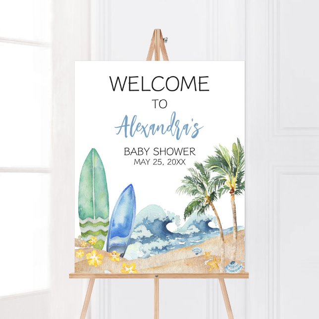 Välkommen till baby på Boeach Baby Shower Poster (Surfing Summer Boy Baby Shower Welcome Sign)