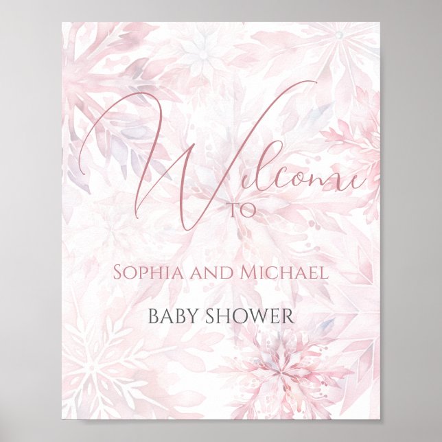 Välkommen till Baby Shower Girl Rosa Snowflake Väl Poster (Framsidan)
