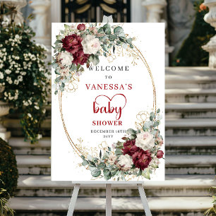 Välkommen till baby shower med vinröda blommor poster