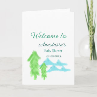 välkommen till baby shower namn blå grön träd hill kort