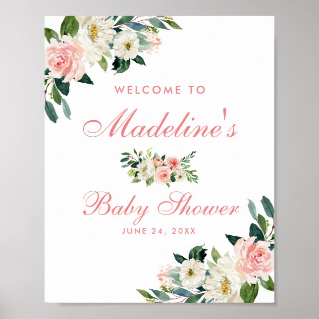 Välkommen till Baby Shower Rosa  Blommigt Poster (Framsidan)